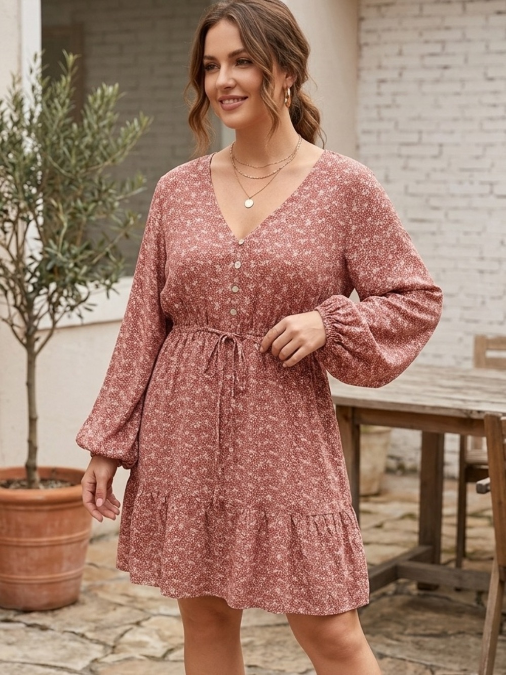 V-Neck Drawstring Waist Long-Sleeve Mini Dress — Rose - Picture 1 of 8